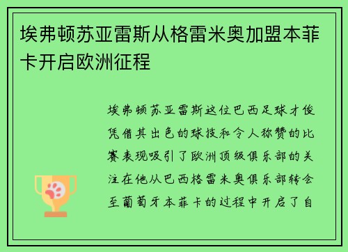 埃弗顿苏亚雷斯从格雷米奥加盟本菲卡开启欧洲征程