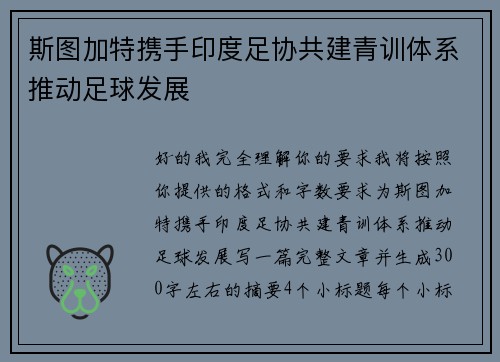 斯图加特携手印度足协共建青训体系推动足球发展